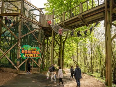 Children playing on wire tunnel with families watching