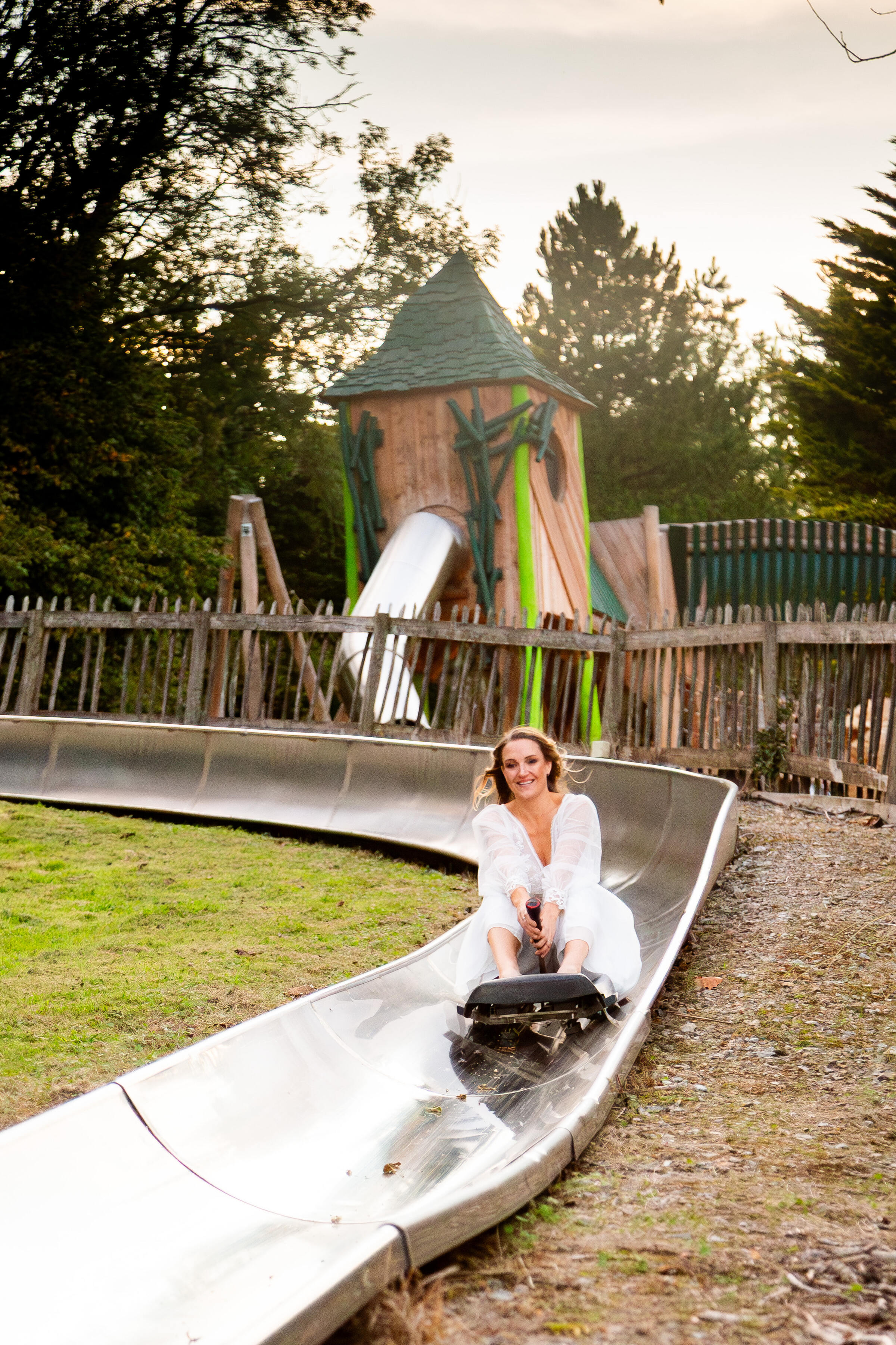 Bridge on her wedding day on a toboggan 