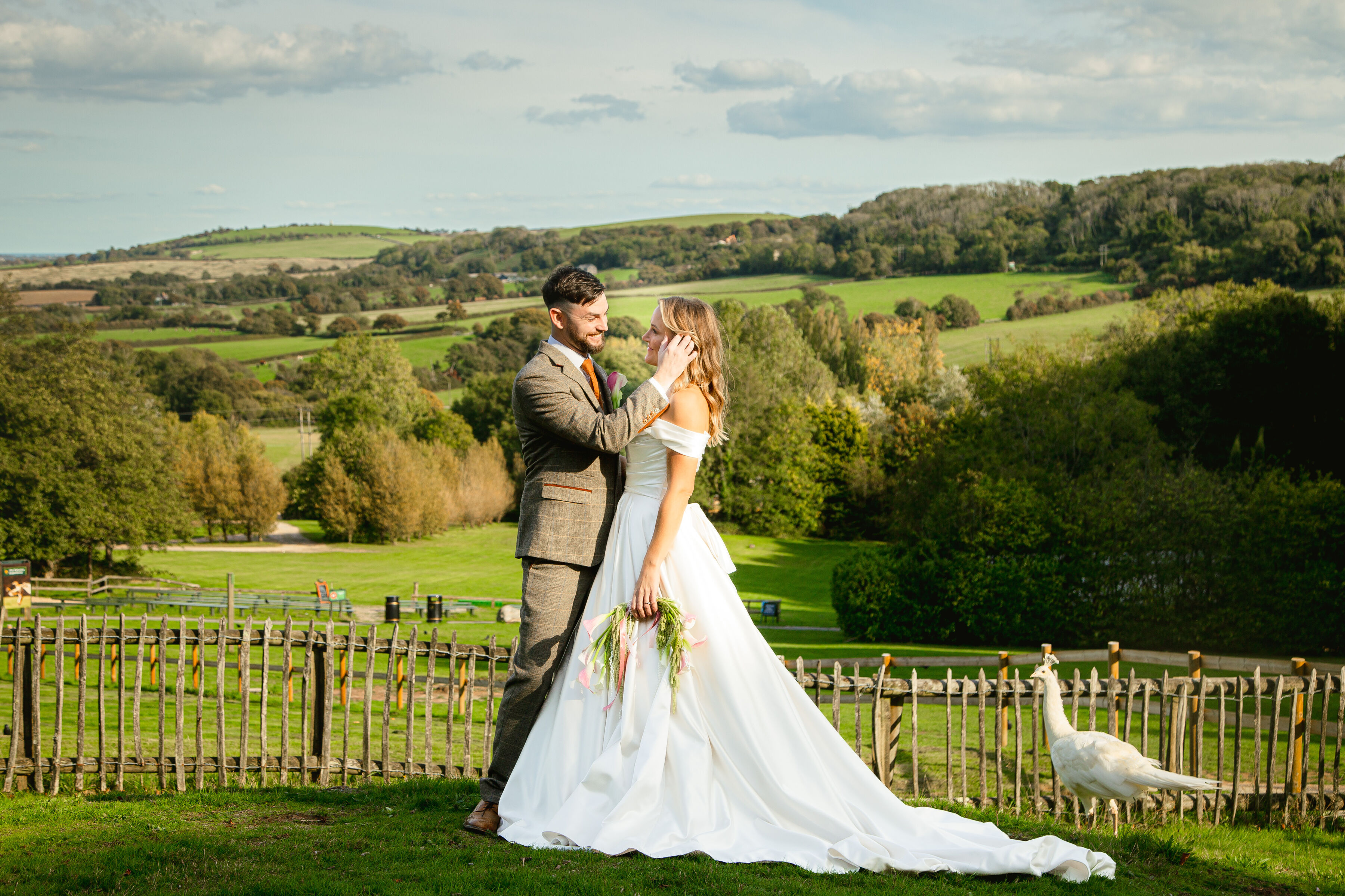 Wedding couple smiling with countryside background and white peacock