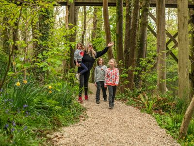 family walking through forest